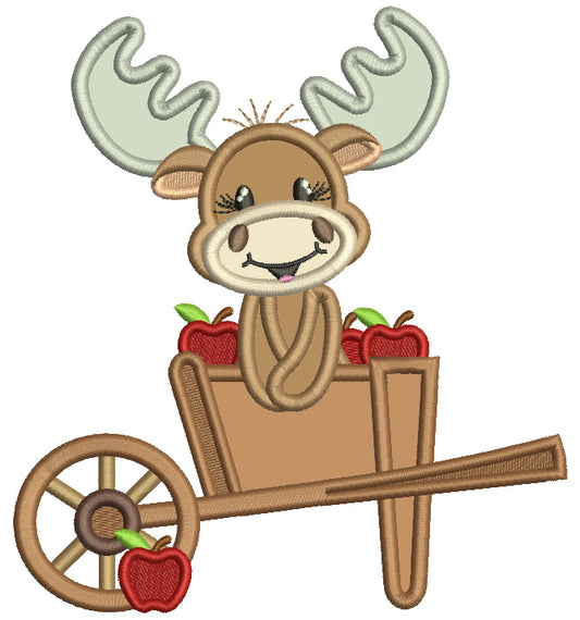 Cute Moose Sitting Inside Garden Cart Fall Applique Machine Embroidery Design Digitized Pattern