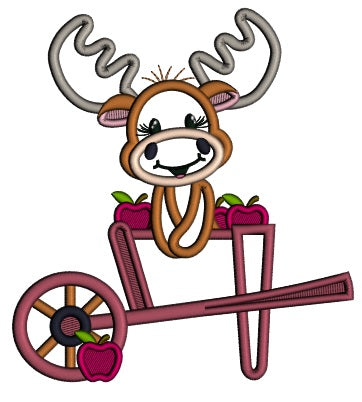 Cute Moose Sitting Inside Garden Cart Fall Applique Machine Embroidery Design Digitized Pattern