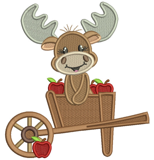 Cute Moose Sitting Inside Garden Cart Fall Filled Machine Embroidery Design Digitized Pattern
