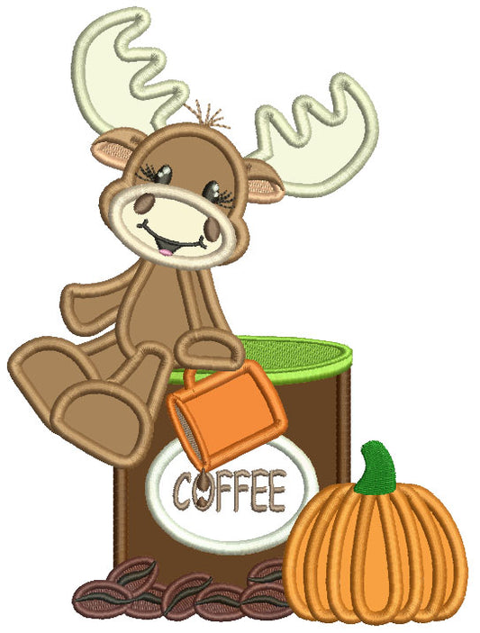 Cute Moose Sitting On a Cup Of Coffee Next To Pumpkin Fall Applique Thanksgiving Machine Embroidery Design Digitized Pattern