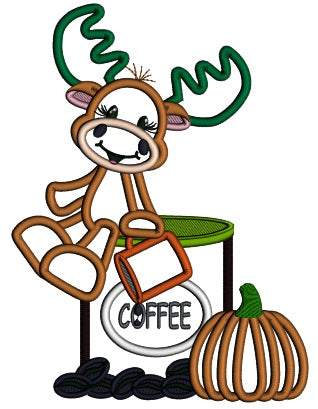 Cute Moose Sitting On a Cup Of Coffee Next To Pumpkin Fall Applique Thanksgiving Machine Embroidery Design Digitized Pattern