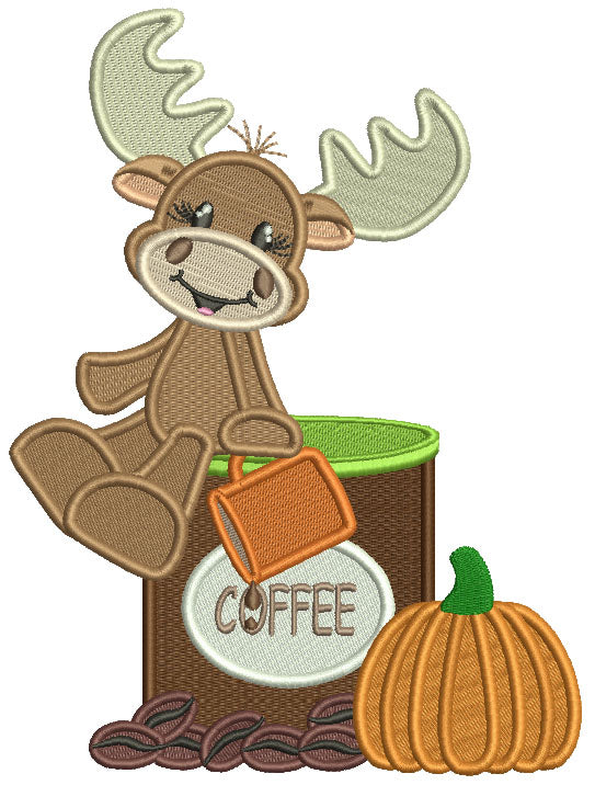 Cute Moose Sitting On a Cup Of Coffee Next To Pumpkin Fall Filled Thanksgiving Machine Embroidery Design Digitized Pattern