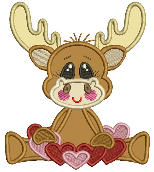Cute Moose With Lots Of Hearts Applique Machine Embroidery Design Digitized Pattern