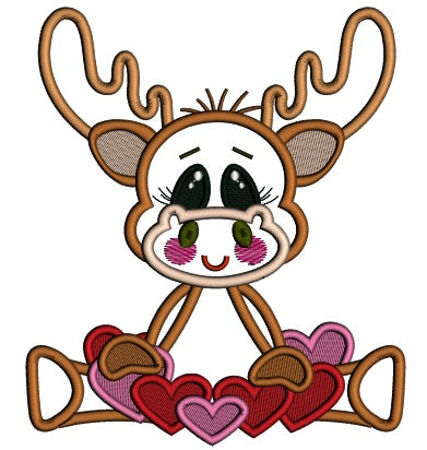 Cute Moose With Lots Of Hearts Applique Machine Embroidery Design Digitized Pattern