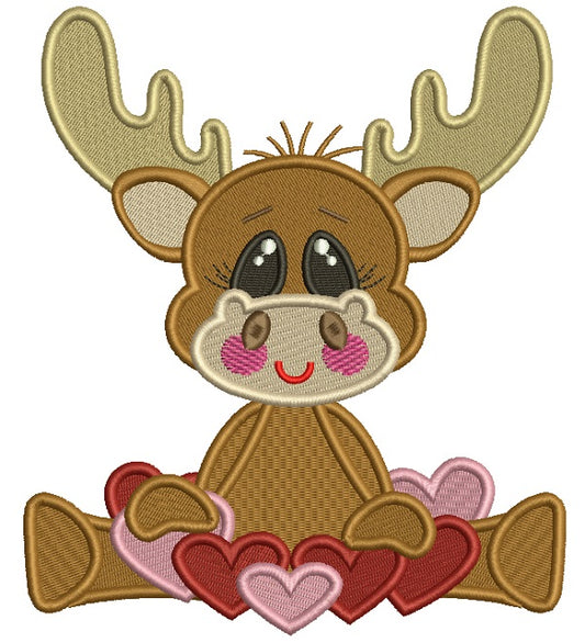 Cute Moose With Lots Of Hearts Filled Machine Embroidery Design Digitized Pattern