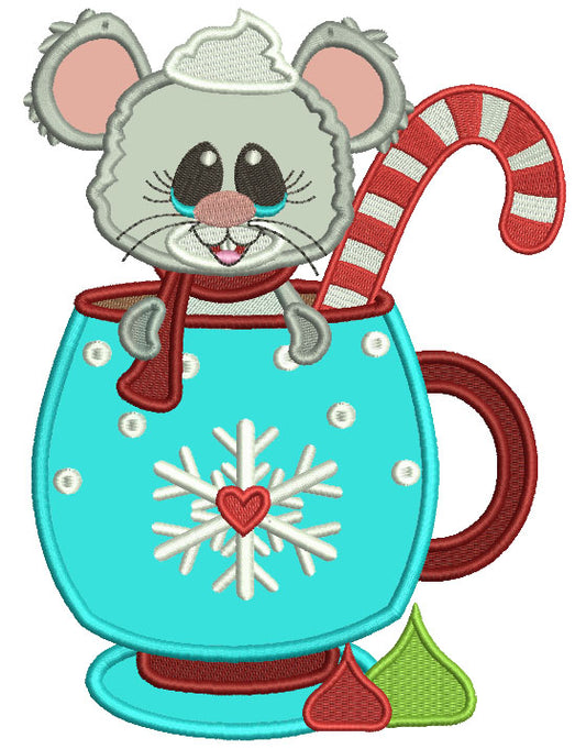 Cute Mouse Sitting In the Cup With Candies Applique Christmas Machine Embroidery Design Digitized Pattern