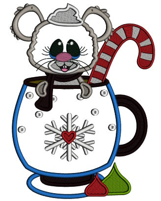 Cute Mouse Sitting In the Cup With Candies Applique Christmas Machine Embroidery Design Digitized Pattern