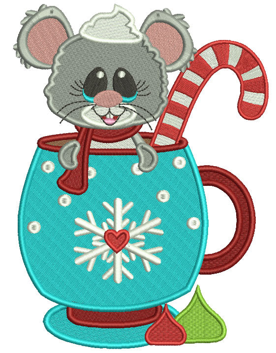 Cute Mouse Sitting In the Cup With Candies Filled Christmas Machine Embroidery Design Digitized Pattern