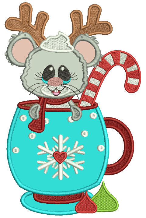 Cute Mouse With Antlers Sitting In the Cup Applique Christmas Machine Embroidery Design Digitized Pattern