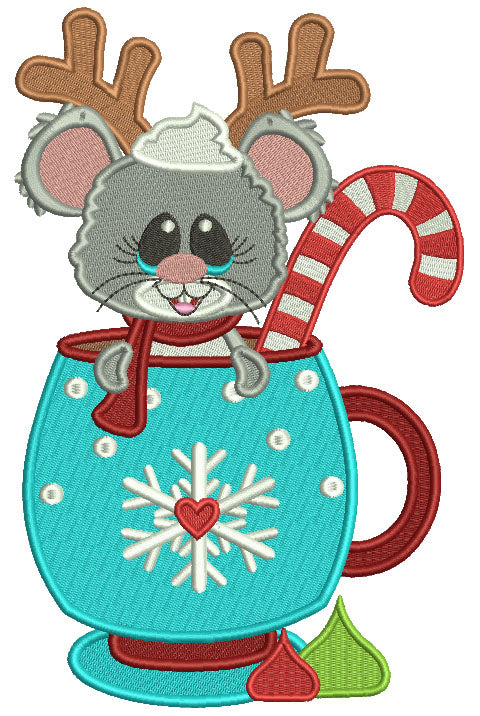 Cute Mouse With Antlers Sitting In the Cup Filled Christmas Machine Embroidery Design Digitized Pattern