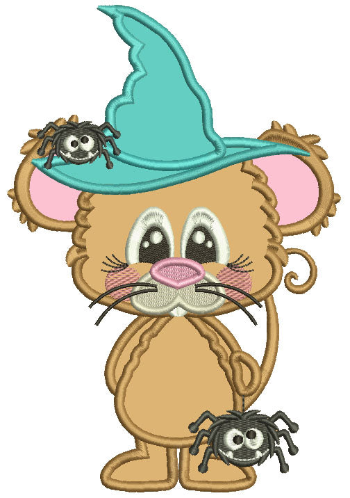 Cute Mouse Wizard With a Spider Halloween Applique Machine Embroidery Design Digitized Pattern