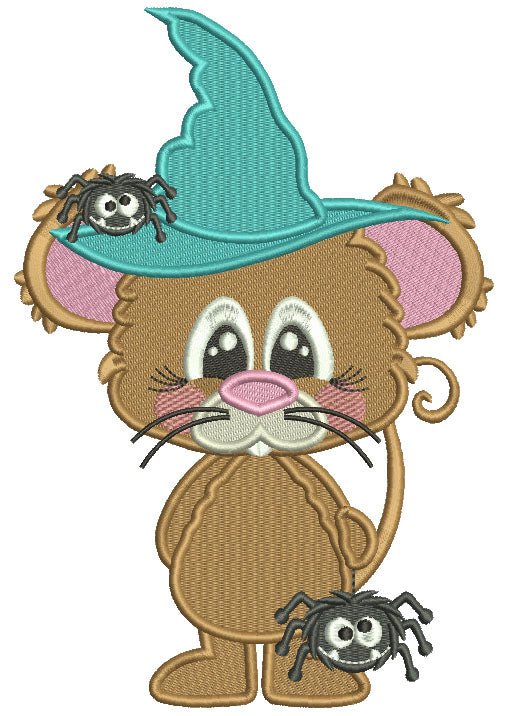 Cute Mouse Wizard With a Spider Halloween Filled Machine Embroidery Design Digitized Pattern