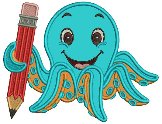 Cute Octopus Holding a BIg Pencil School Applique Machine Embroidery Design Digitized Pattern