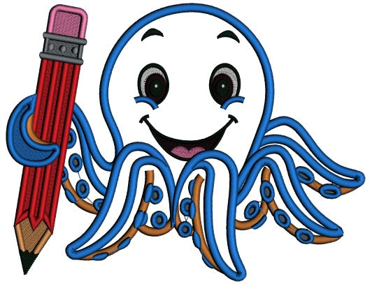 Cute Octopus Holding a BIg Pencil School Applique Machine Embroidery Design Digitized Pattern