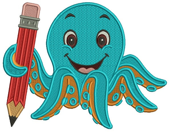 Cute Octopus Holding a BIg Pencil School Filled Machine Embroidery Design Digitized Pattern