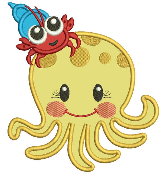 Cute Octopus With Little Carb Applique Machine Embroidery Design Digitized Pattern