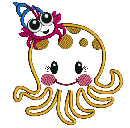 Cute Octopus With Little Carb Applique Machine Embroidery Design Digitized Pattern