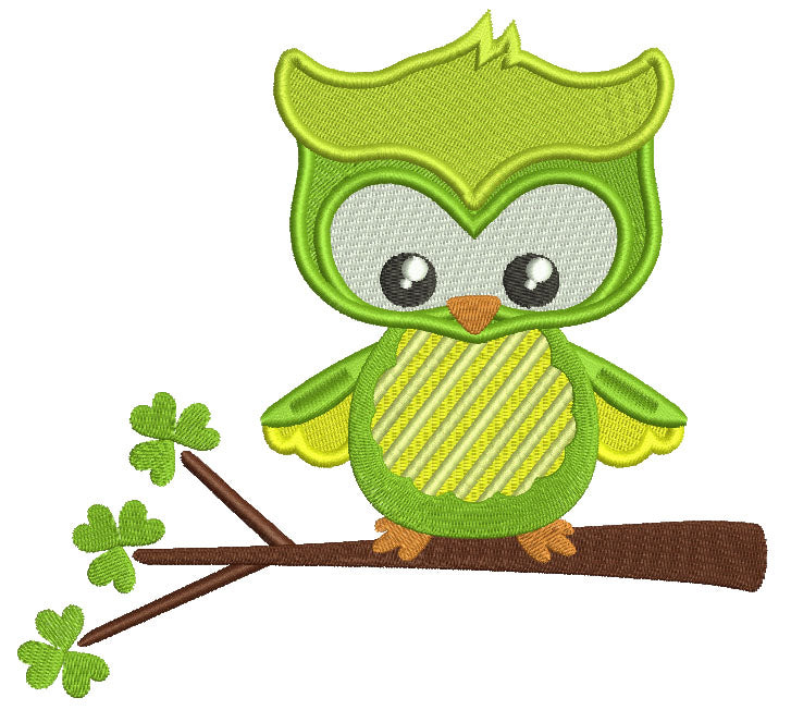 Cute Owl Sitting a Branch Filled St. Patrick's Day Machine Embroidery Design Digitized Pattern