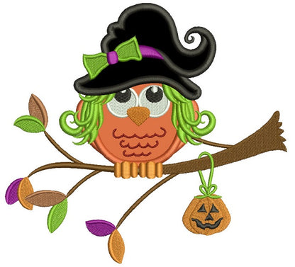 Cute Owl Wearing Witch Hat Sitting On The Branch Applique Machine Embroidery Design Digitized Pattern