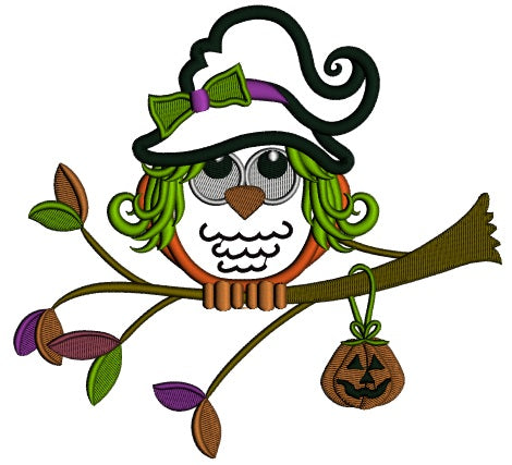 Cute Owl Wearing Witch Hat Sitting On The Branch Applique Machine Embroidery Design Digitized Pattern