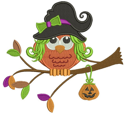 Cute Owl Wearing Witch Hat Sitting On The Branch Filled Machine Embroidery Design Digitized Pattern