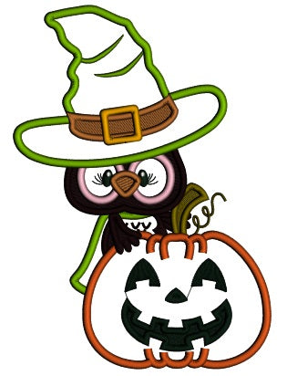 Cute Owl Wearing Wizard Hat Holding Pumpkin Applique Halloween Machine Embroidery Design Digitized Pattern