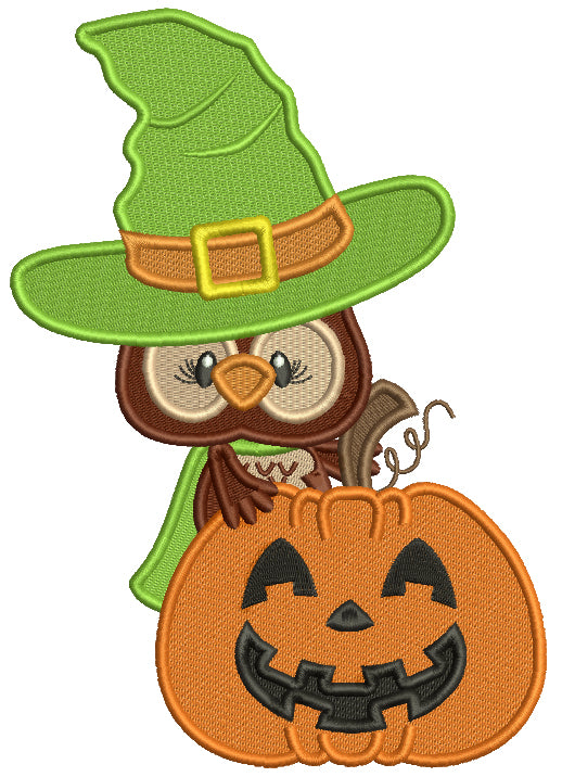 Cute Owl Wearing Wizard Hat Holding Pumpkin Filled Halloween Machine Embroidery Design Digitized Pattern