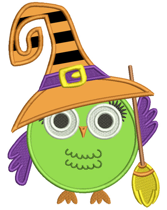 Cute Owl Witch With a Big Hat And a Broom Applique Machine Embroidery Design Digitized Pattern