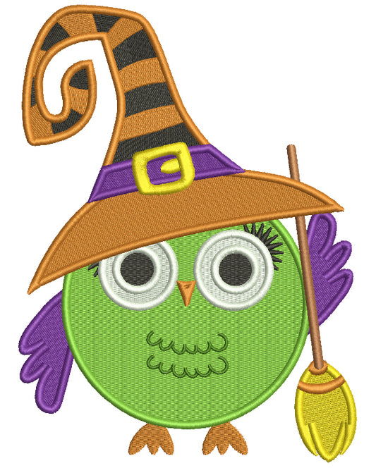 Cute Owl Witch With a Big Hat And a Broom Filled Machine Embroidery Design Digitized Pattern