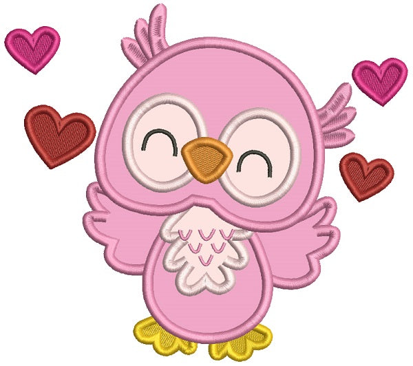 Cute Owl With Hearts Applique Machine Embroidery Design Digitized Pattern