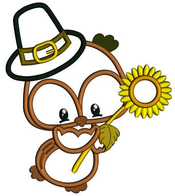 Cute Owl With Sunflower and a Big Hat Applique Machine Embroidery Digitized Design Pattern