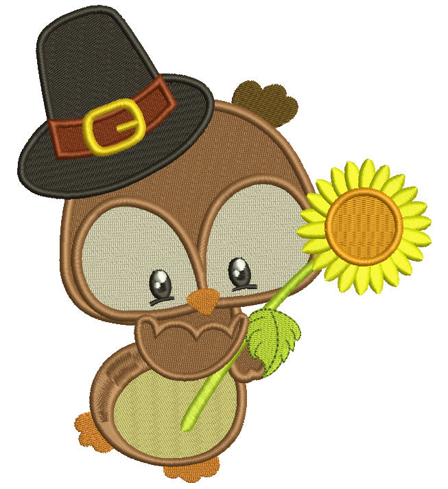 Cute Owl With Sunflower and a Big Hat Filled Machine Embroidery Digitized Design Pattern