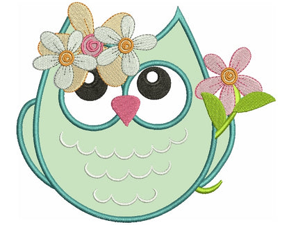 Cute Owl With a Flower Applique Machine Embroidery Digitized Design Pattern
