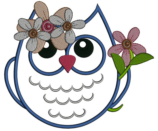 Cute Owl With a Flower Applique Machine Embroidery Digitized Design Pattern