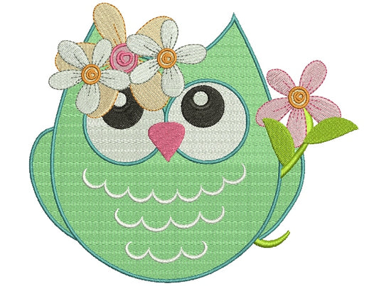 Cute Owl With a Flower Filled Machine Embroidery Digitized Design Pattern