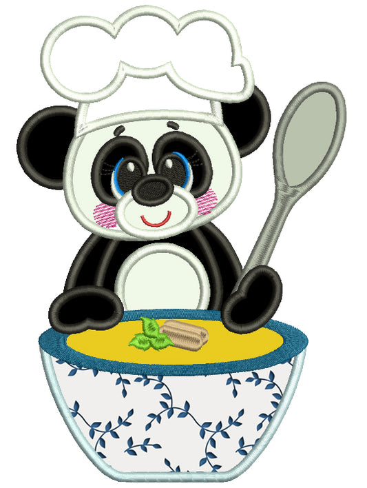 Cute Panda Cooking Soup Applique Machine Embroidery Design Digitized Pattern