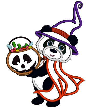 Cute Panda Witch Halloween Applique Machine Embroidery Design Digitized Pattern
