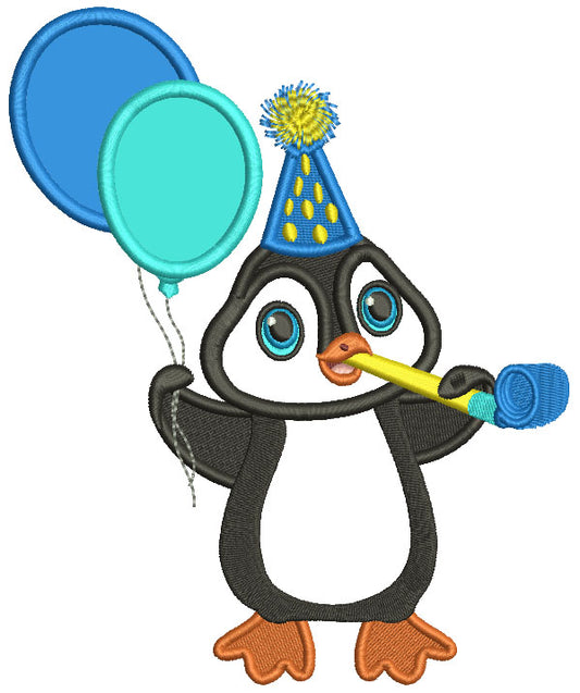 Cute Penguin Holding Birthday Balloons Applique Machine Embroidery Design Digitized Pattern