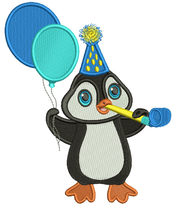 Cute Penguin Holding Birthday Balloons Filled Machine Embroidery Design Digitized Pattern