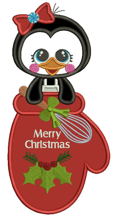 Cute Penguin Sitting Inside a MItten Merry Christmas Applique Machine Embroidery Design Digitized Pattern