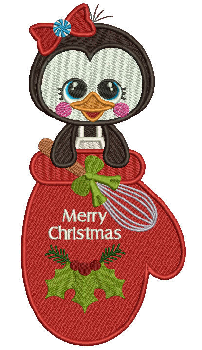 Cute Penguin Sitting Inside a MItten Merry Christmas Filled Machine Embroidery Design Digitized Pattern