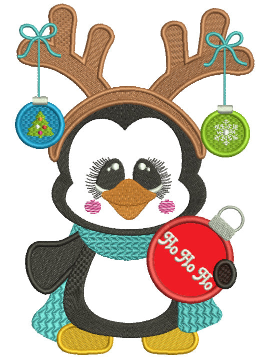 Cute Penguin Wearing Antlers Ho HO HO Christmas Applique Machine Embroidery Design Digitized Pattern