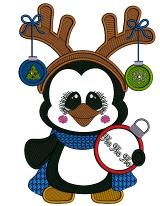 Cute Penguin Wearing Antlers Ho HO HO Christmas Applique Machine Embroidery Design Digitized Pattern