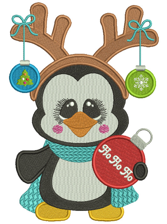 Cute Penguin Wearing Antlers Ho HO HO Christmas Filled Machine Embroidery Design Digitized Pattern