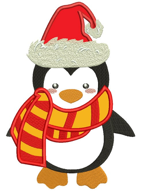 Cute Penguin Wearing Santa Hat Christmas Applique Machine Embroidery Design Digitized Pattern