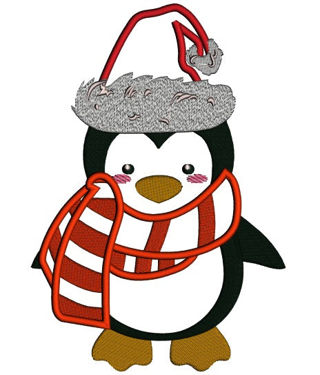 Cute Penguin Wearing Santa Hat Christmas Applique Machine Embroidery Design Digitized Pattern