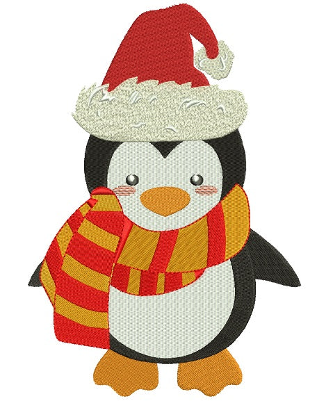 Cute Penguin Wearing Santa Hat Christmas Filled Machine Embroidery Design Digitized Pattern