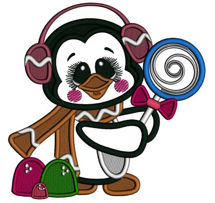 Cute Penguin With a Giant Candy Christmas Applique Machine Embroidery Design Digitized Pattern