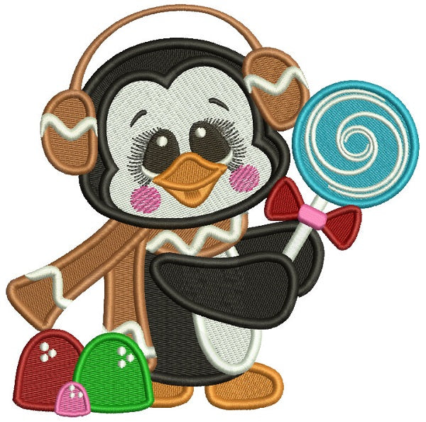 Cute Penguin With a Giant Candy Christmas Filled Machine Embroidery Design Digitized Pattern