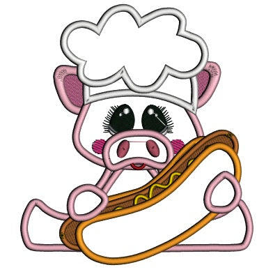 Cute Pig Chef Holding Hot Dog Patriotic 4th Of July Independence Day Applique Machine Embroidery Design Digitized Pattern